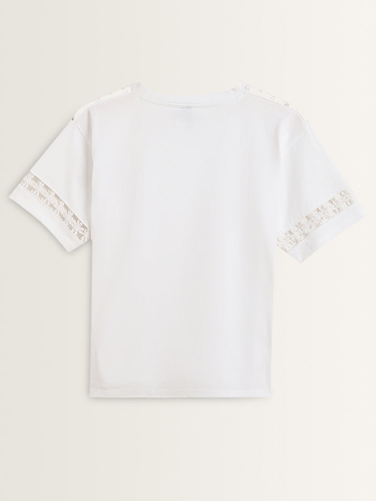 LOV White Floral Detailed Cotton T-Shirt