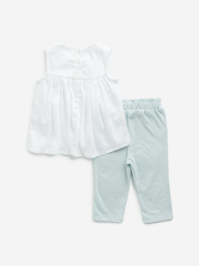 HOP Baby White Polka Dotted Cotton Top with Pants Set