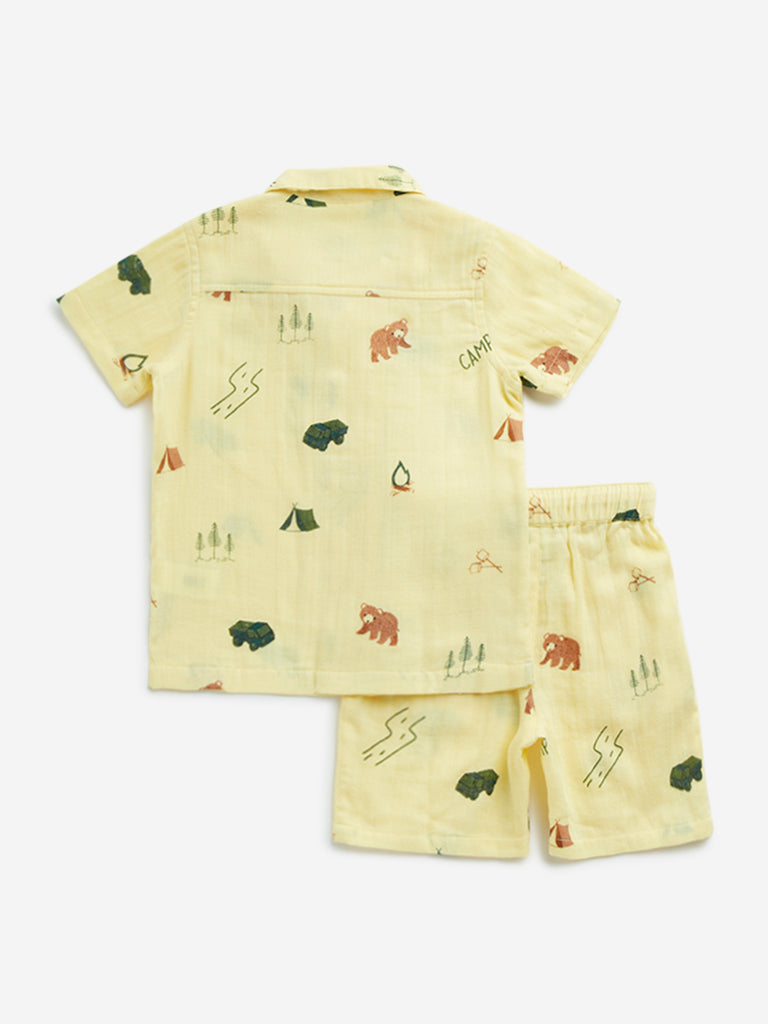 HOP Kids Yellow Camping-Inspired Cotton Shirt with Shorts Set