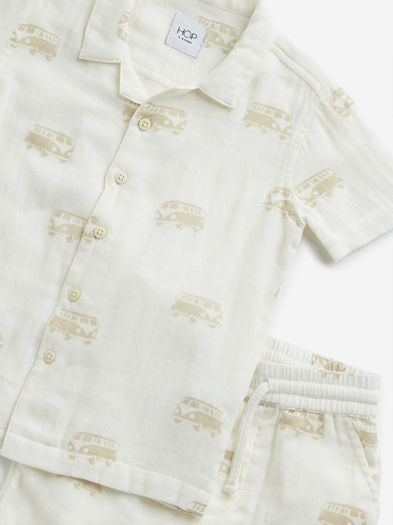 HOP Kids Off-White Car Cotton Shirt with Mid-Rise Shorts