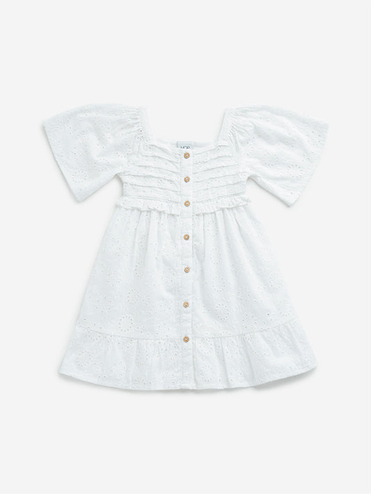 HOP Kids White Schiffli-Printed A-Line Cotton Dress