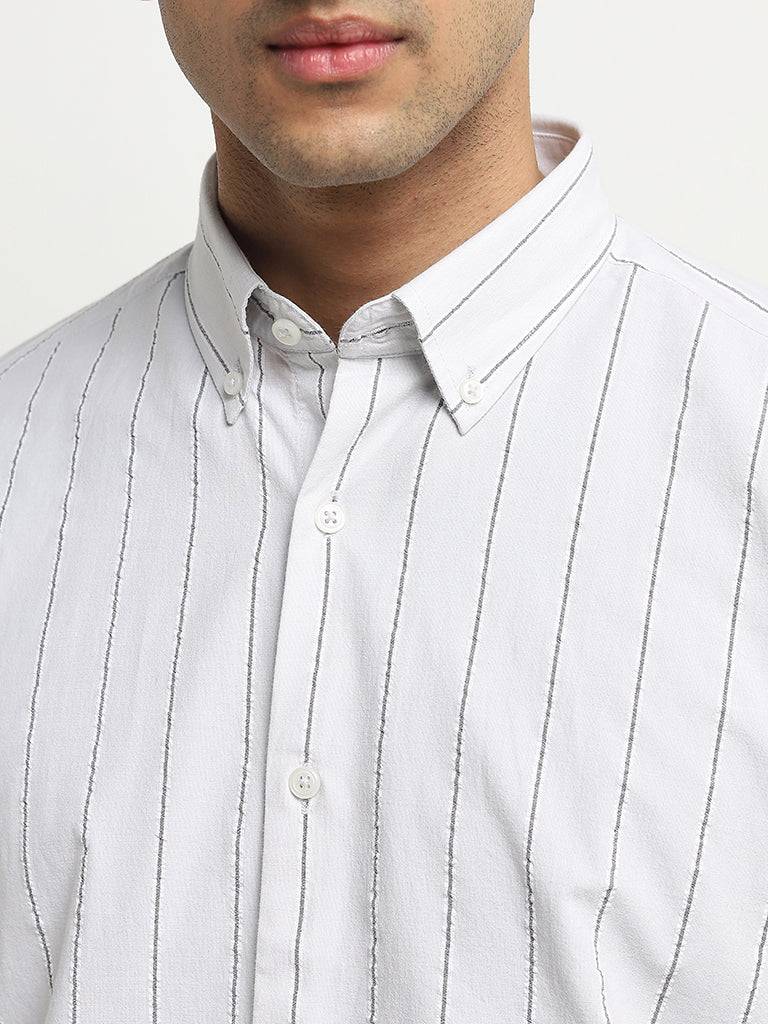 Ascot Light Grey Striped Relaxed-Fit Cotton Shirt