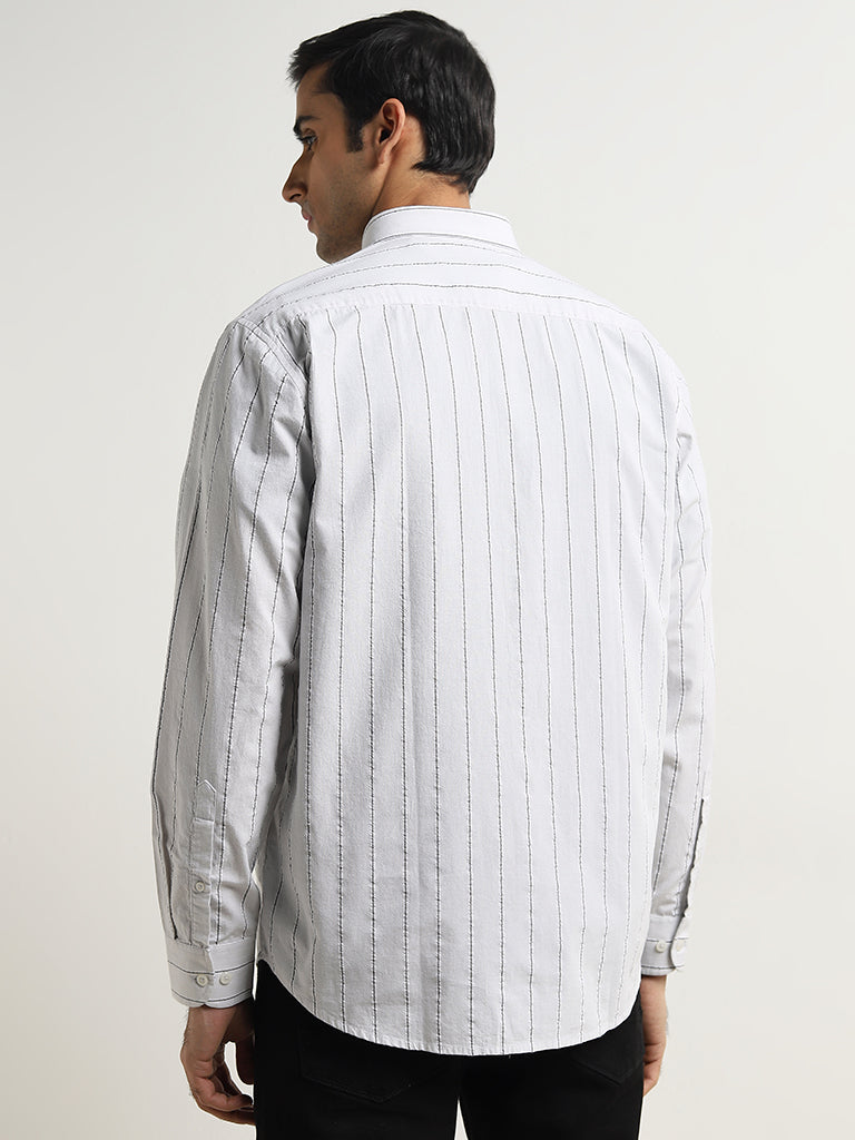 Ascot Light Grey Striped Relaxed-Fit Cotton Shirt