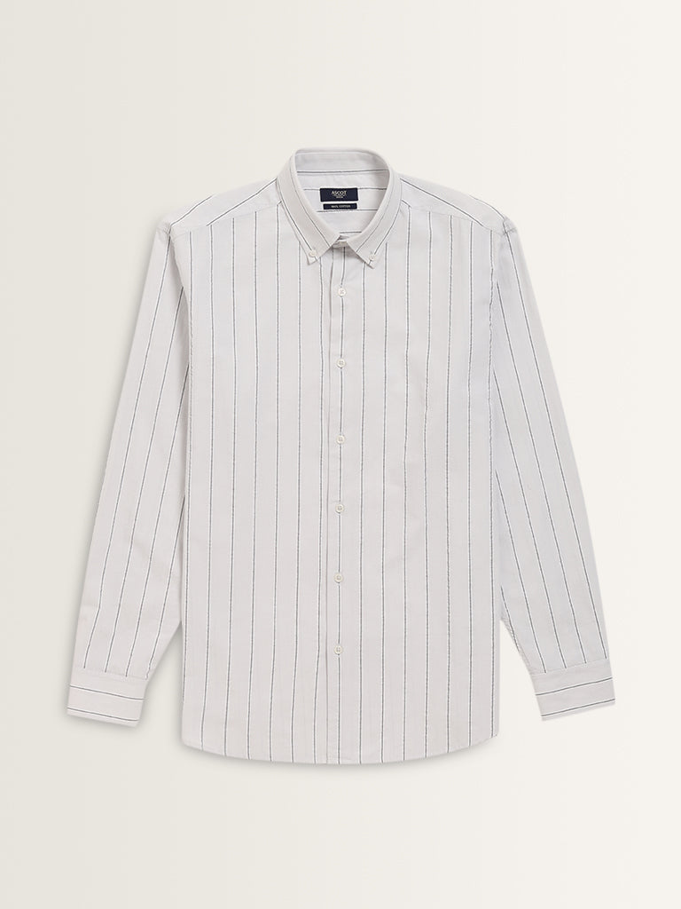 Ascot Light Grey Striped Relaxed-Fit Cotton Shirt