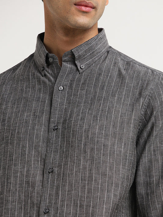 Ascot Dark Grey Striped Relaxed-Fit Blended Linen Shirt