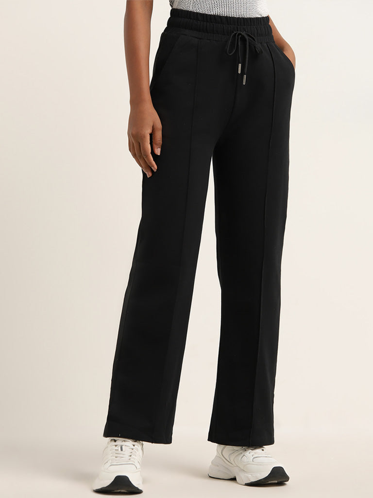 Studiofit Black Solid Mid-Rise Cotton Blend Track Pants