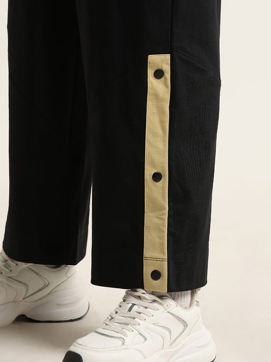 Studiofit Black Striped High-Rise Cotton Track Pants