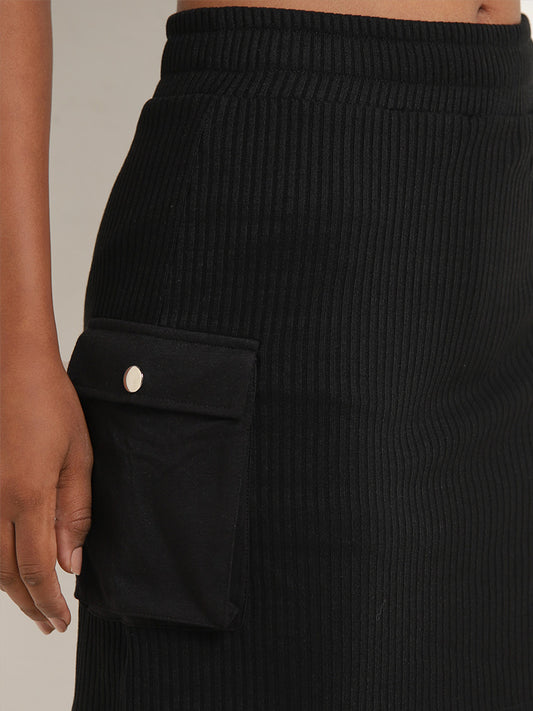 Studiofit Black Ribbed High-Rise Cotton Blend Skirt