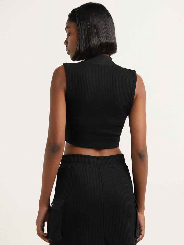 Studiofit Black Ribbed Textured Crop Top