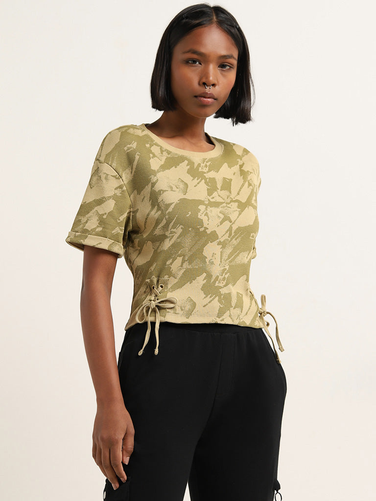 Studiofit Light Olive Abstract Cotton Blend T-Shirt