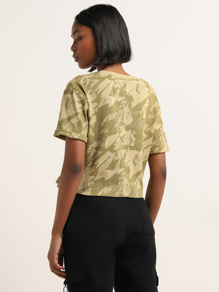 Studiofit Light Olive Abstract Cotton Blend T-Shirt