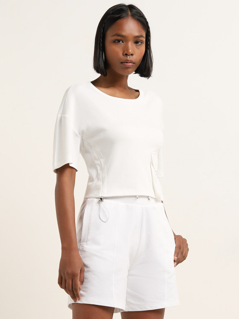 Studiofit White Ruched Design Cotton Blend T-Shirt