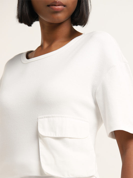 Studiofit White Ruched Design Cotton Blend T-Shirt