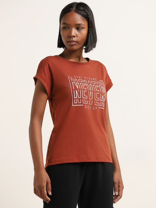 Studiofit Rust Text Design Cotton T-Shirt