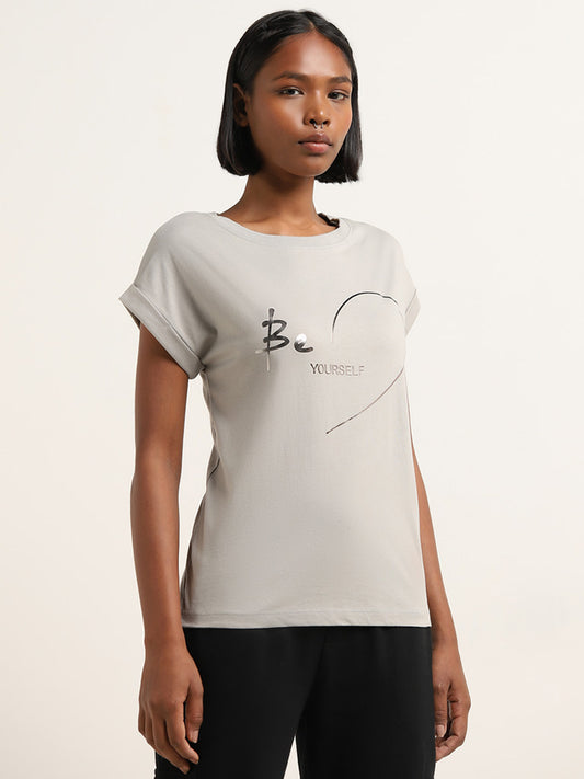 Studiofit Grey Holographic Text Design Cotton T-Shirt