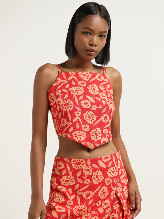 Nuon Red Floral Printed Blended Linen Crop Top