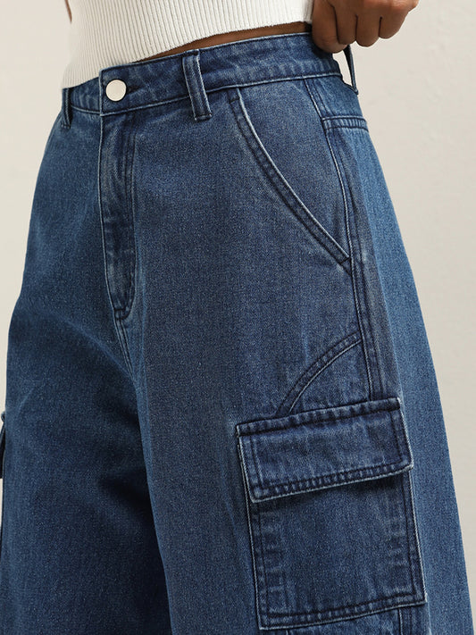 Nuon Dark Blue Cargo-Style Relaxed - Fit Mid - Rise Jeans
