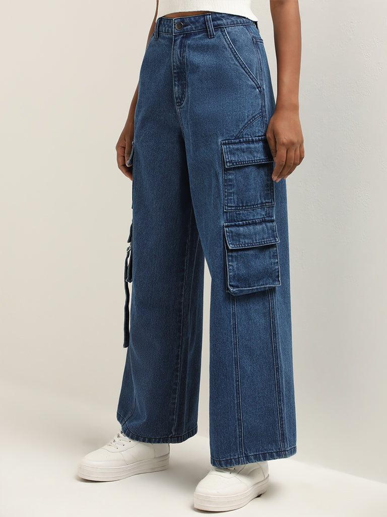 Nuon Dark Blue Cargo-Style Relaxed - Fit Mid - Rise Jeans