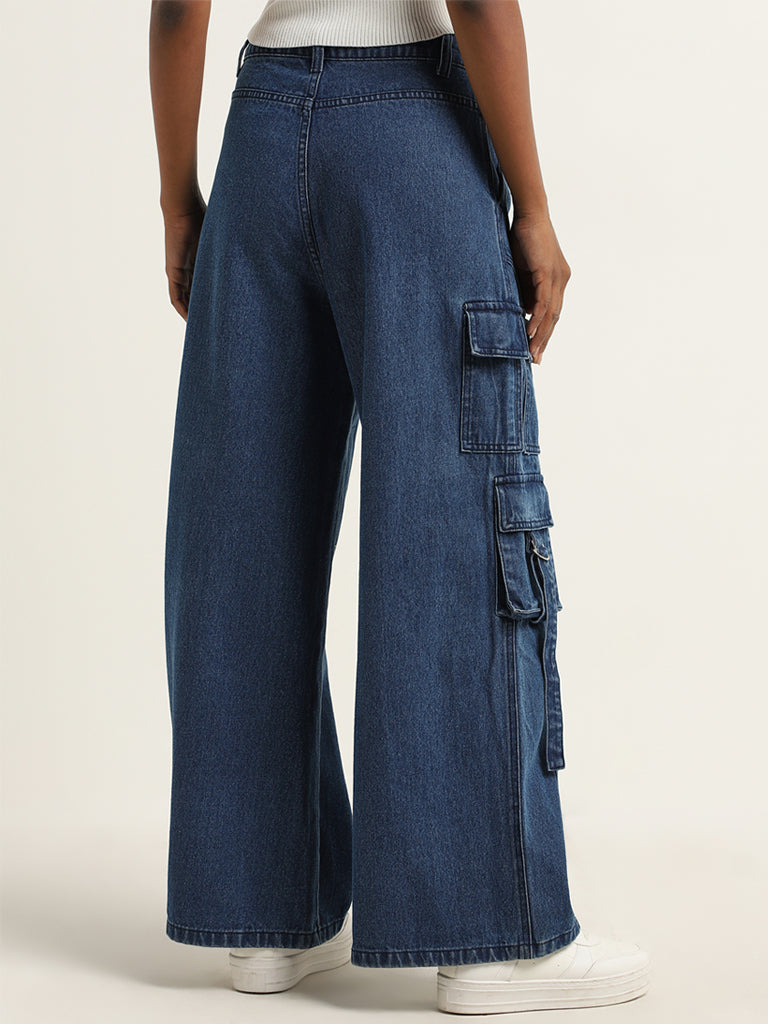 Nuon Dark Blue Cargo-Style Relaxed - Fit Mid - Rise Jeans