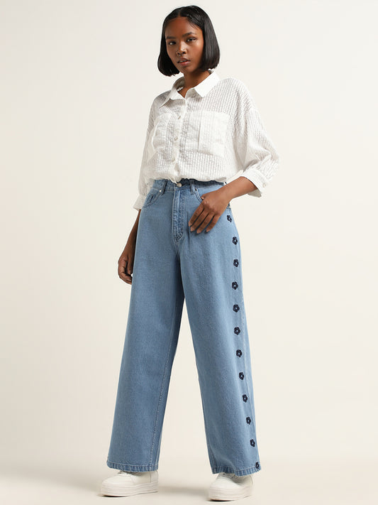 Nuon Light Blue Embroidered Relaxed - Fit High - Rise Jeans