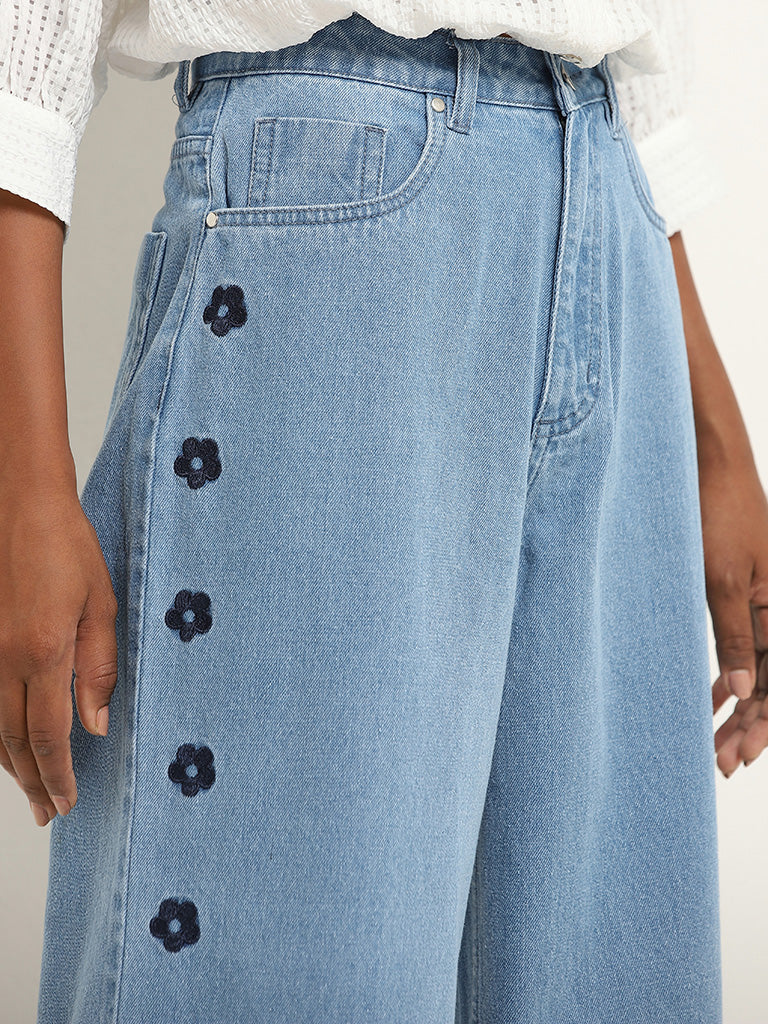 Nuon Light Blue Embroidered Relaxed - Fit High - Rise Jeans