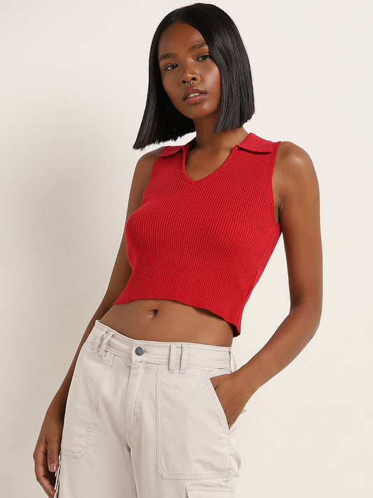 Nuon Red Ribbed Textured Crop Top