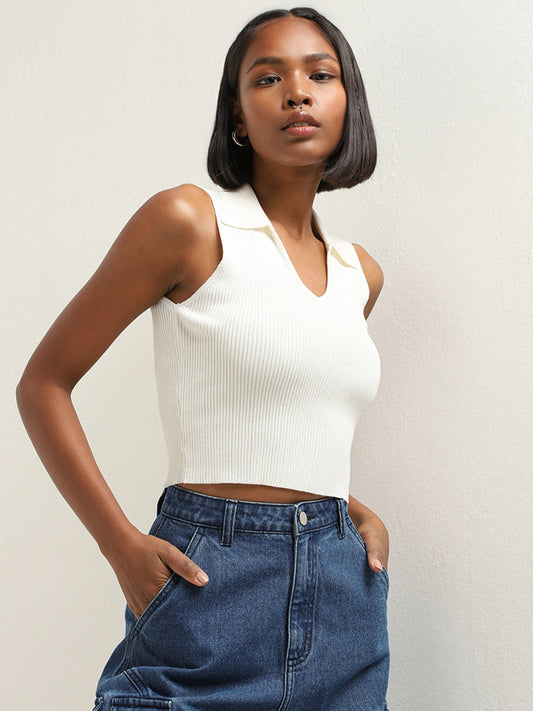 Nuon White Ribbed Textured Crop Top
