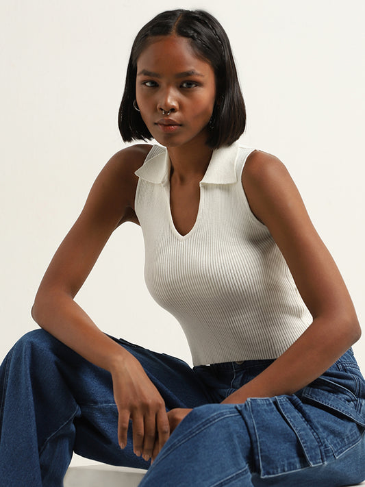 Nuon White Ribbed Textured Crop Top