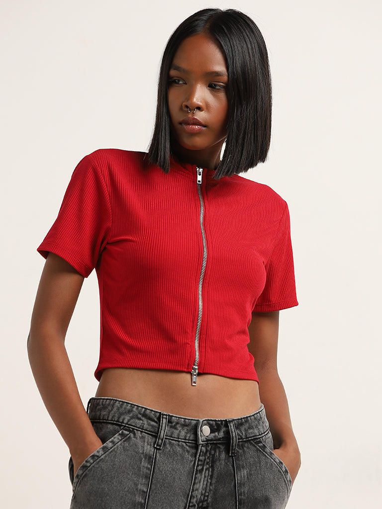 Nuon Red Ribbed Textured T-Shirt