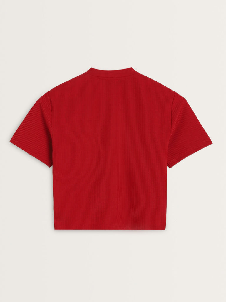 Nuon Red Ribbed Textured T-Shirt