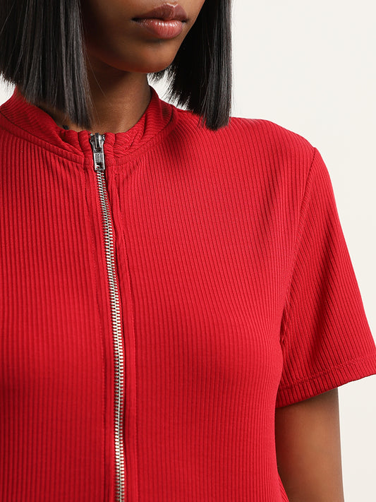 Nuon Red Ribbed Textured T-Shirt