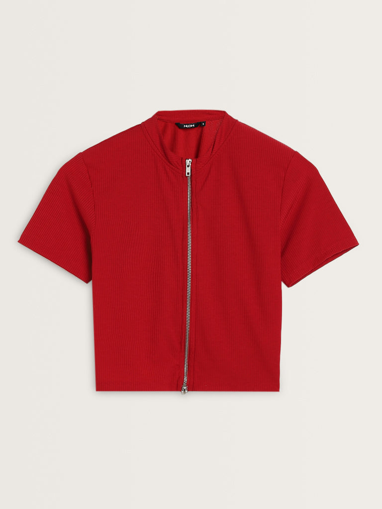 Nuon Red Ribbed Textured T-Shirt