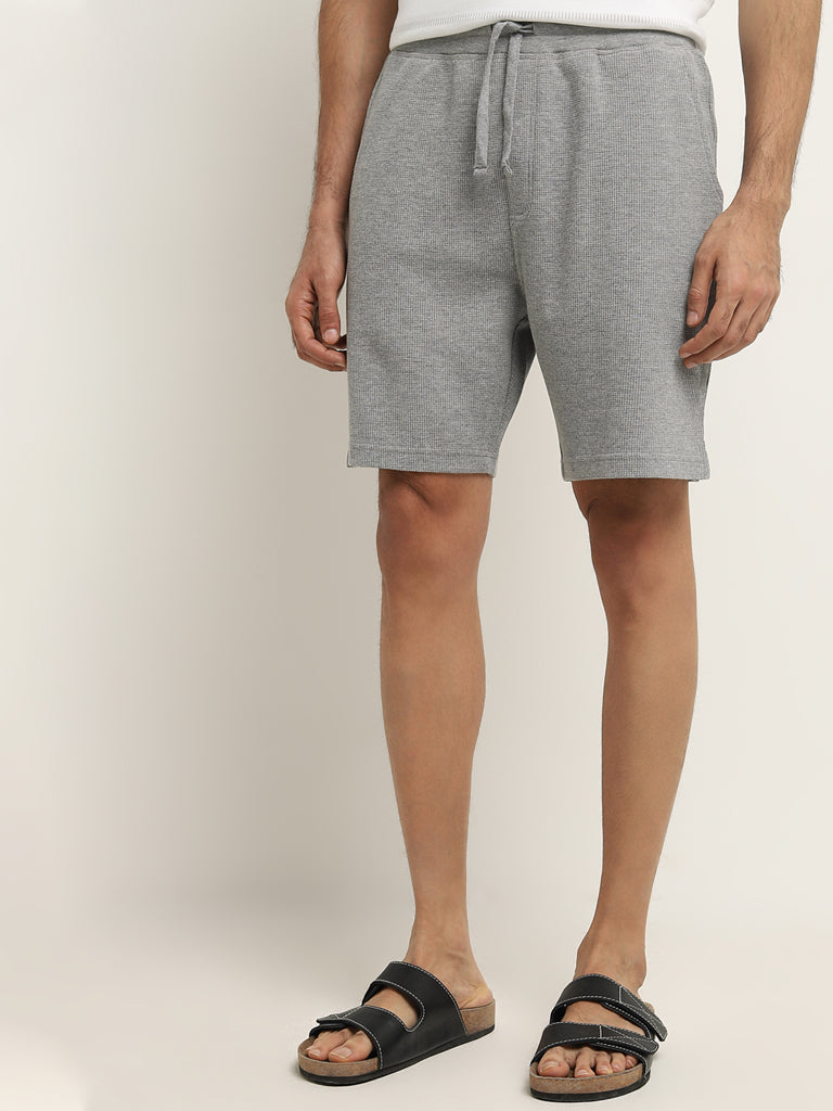 WES Lounge Grey Textured Relaxed-Fit Mid-Rise Shorts