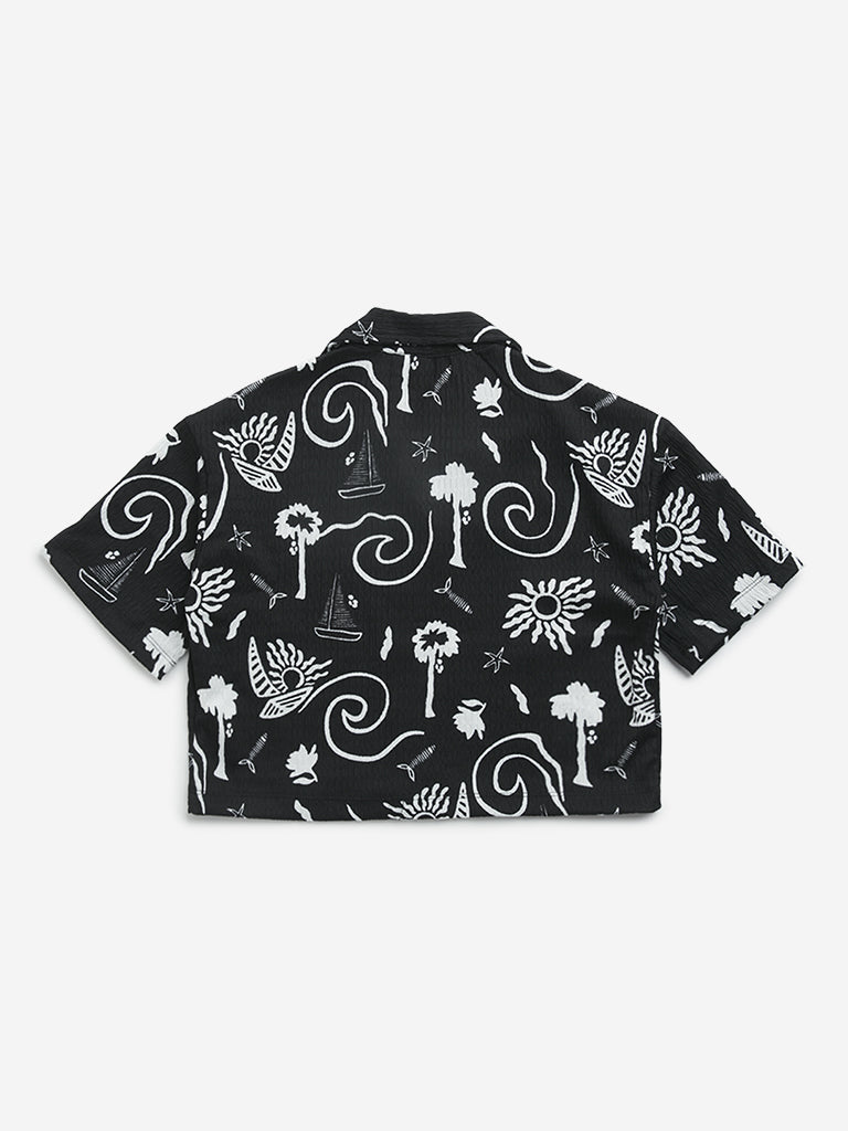 Y&F Kids Black Tropical-Inspired Cotton Shirt