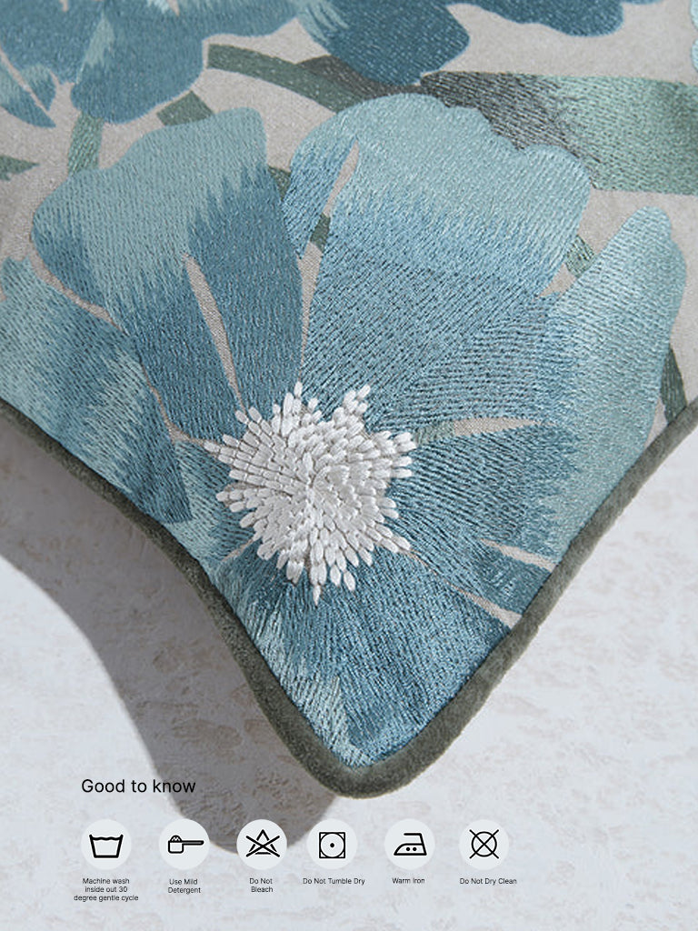 Westside Home Aqua Floral Embroidered Cushion Cover