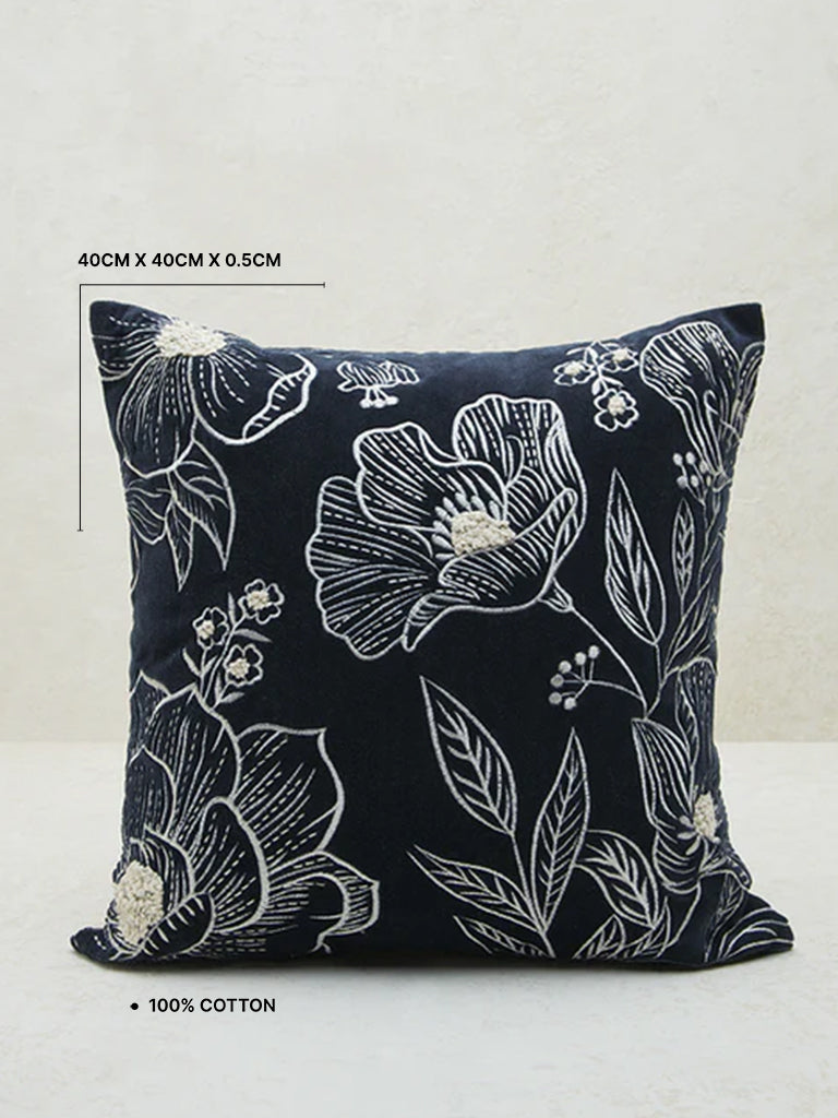 Westside Home Dark Navy Floral Embroidered Cushion Cover