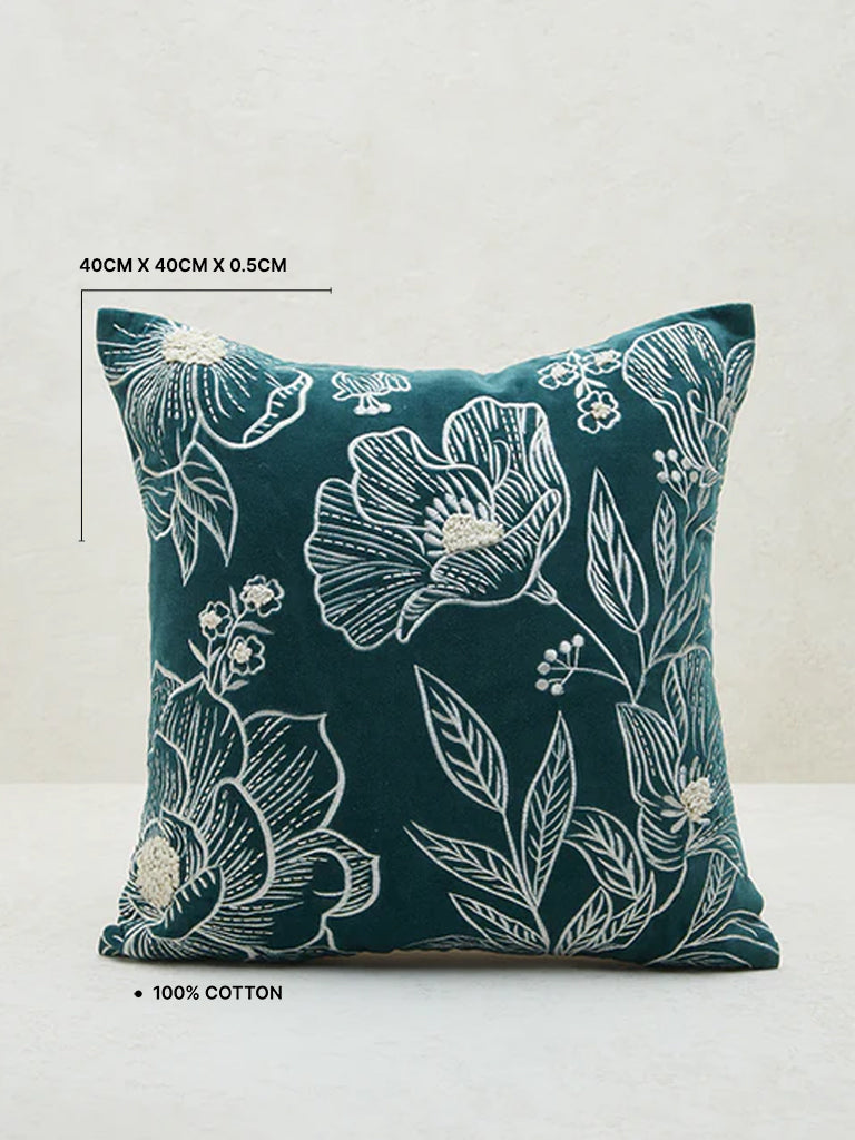 Westside Home Teal Floral Embroidered Cushion Cover