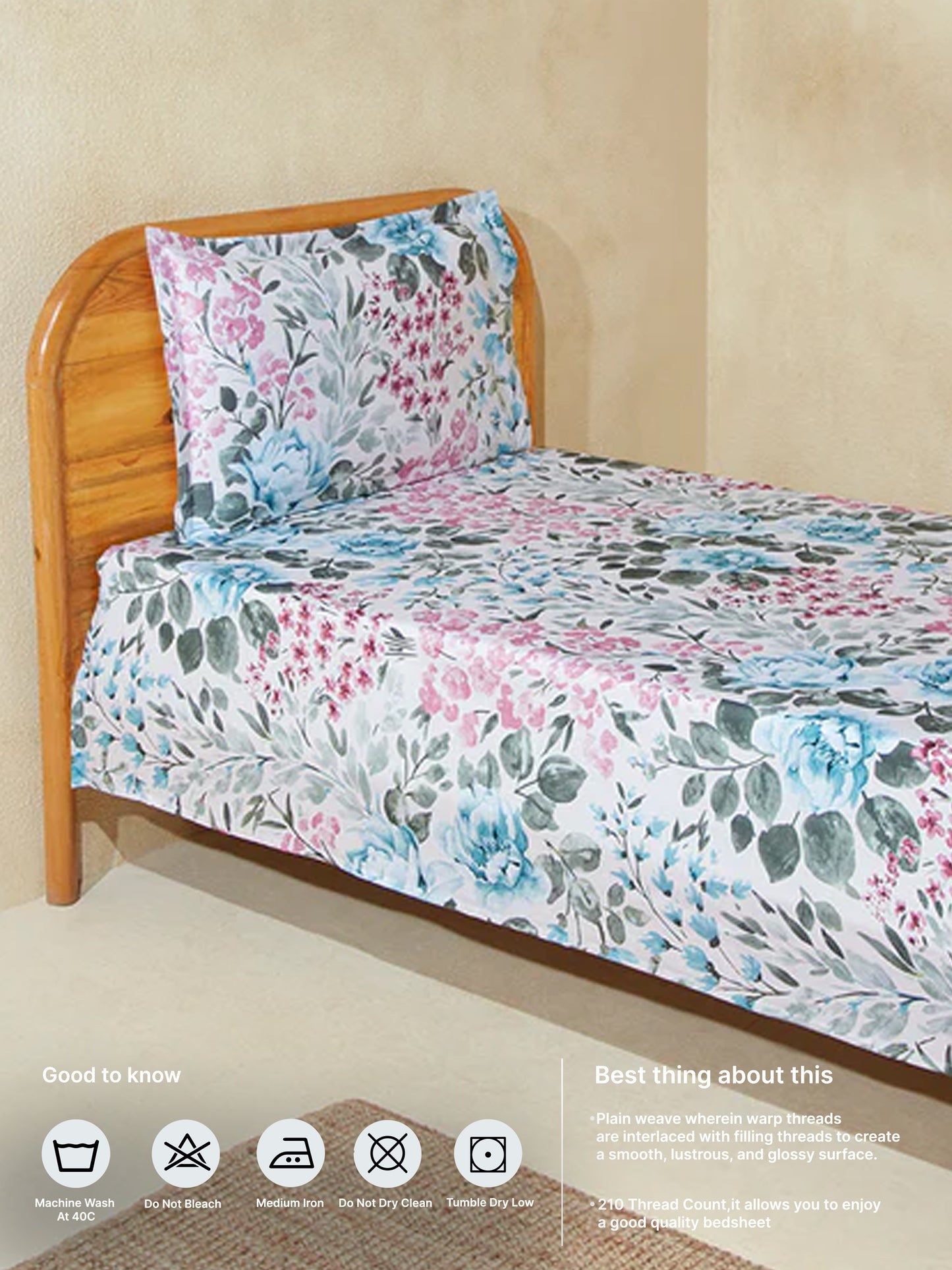 Westside Home Teal Bloom Single Bed Flat Sheet and Pillowcase Set