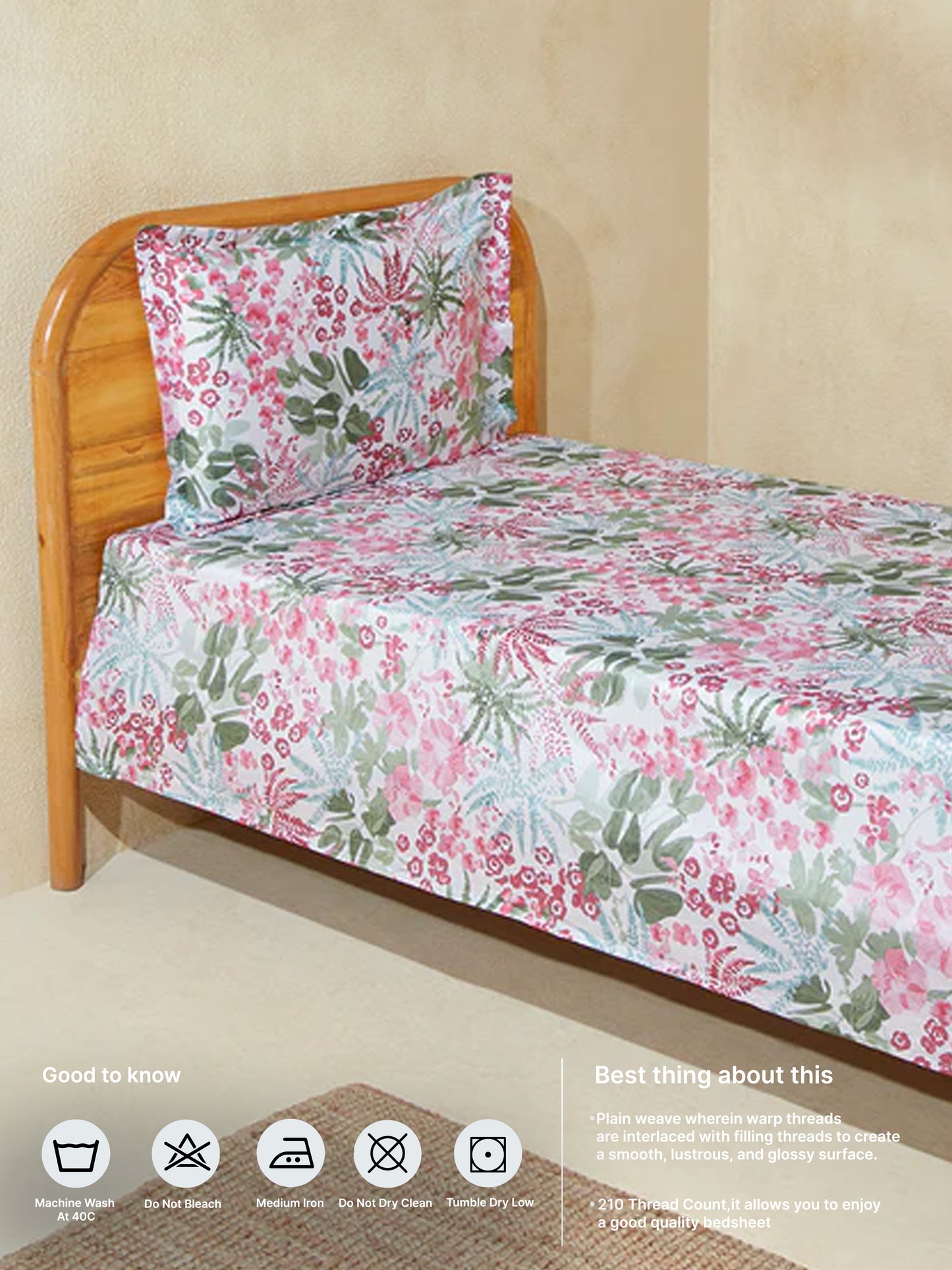 Westside Home Aqua Floral Single Bed Flat Sheet and Pillowcase Set