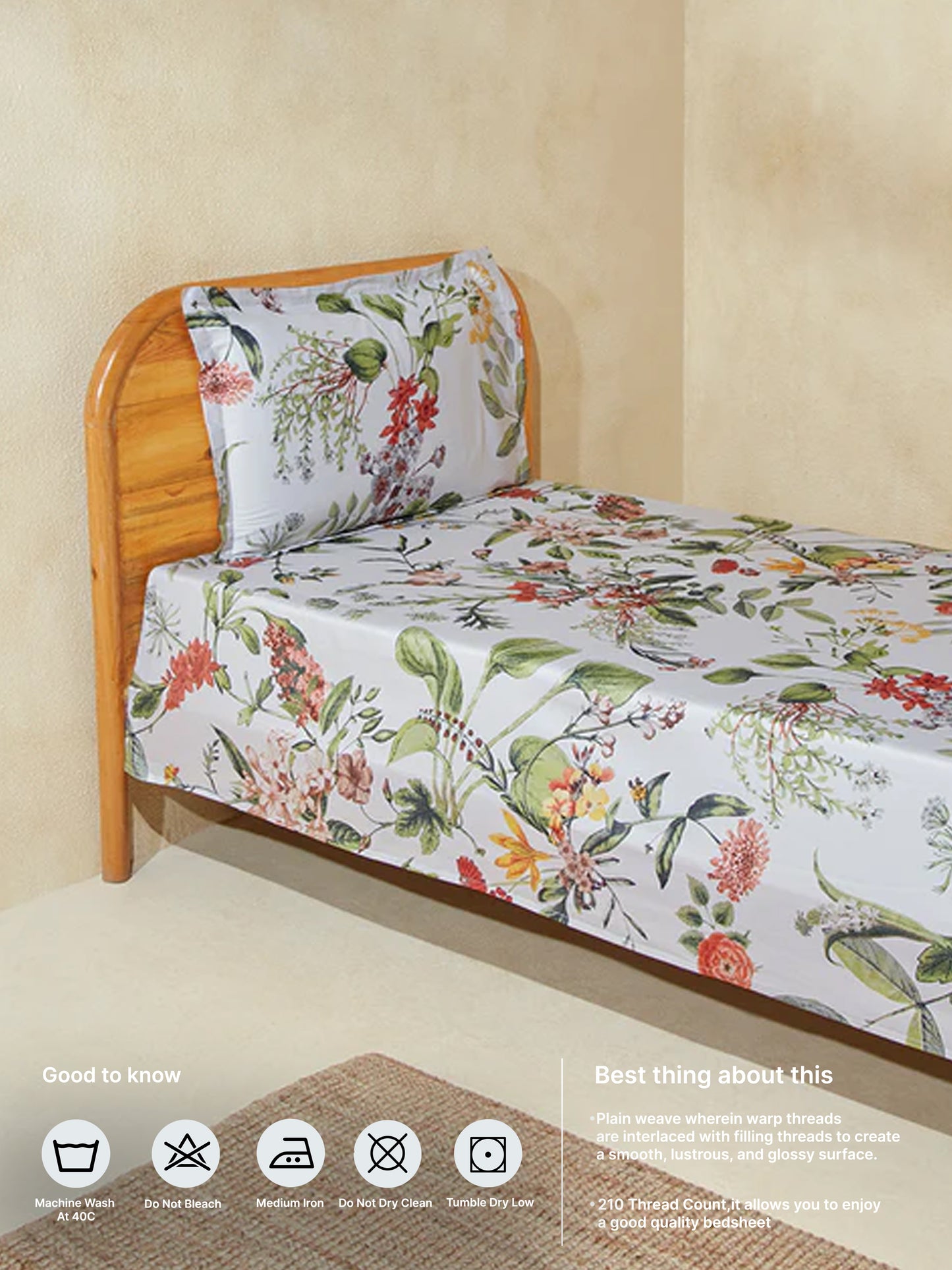 Westside Home Multicolour Floral Single Bed Flat Sheet and Pillowcase Set