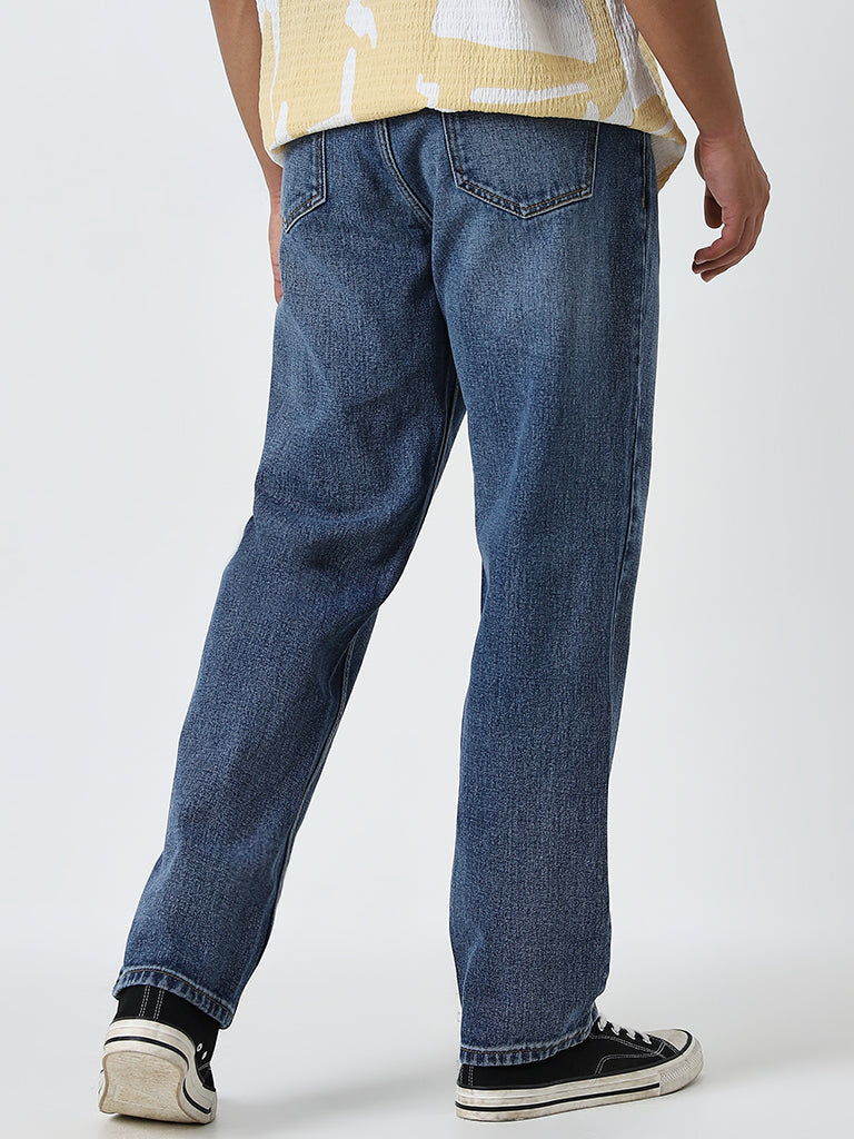 Nuon Blue Washed Mid - Rise Relaxed - Fit Jeans