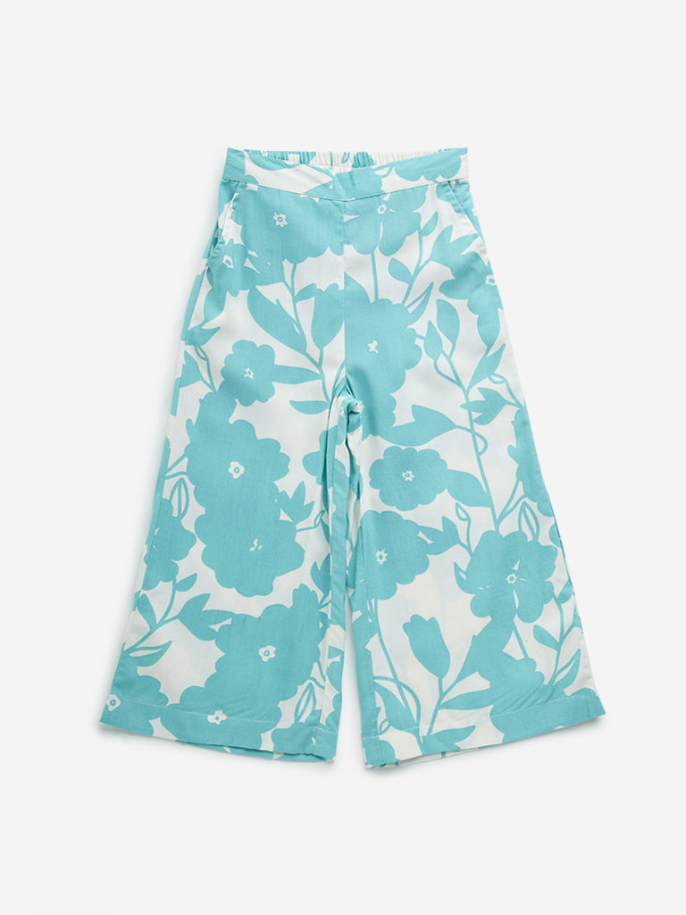 Utsa Kids Aqua Floral Print High-Rise Cotton Palazzos - (2 -8yrs)