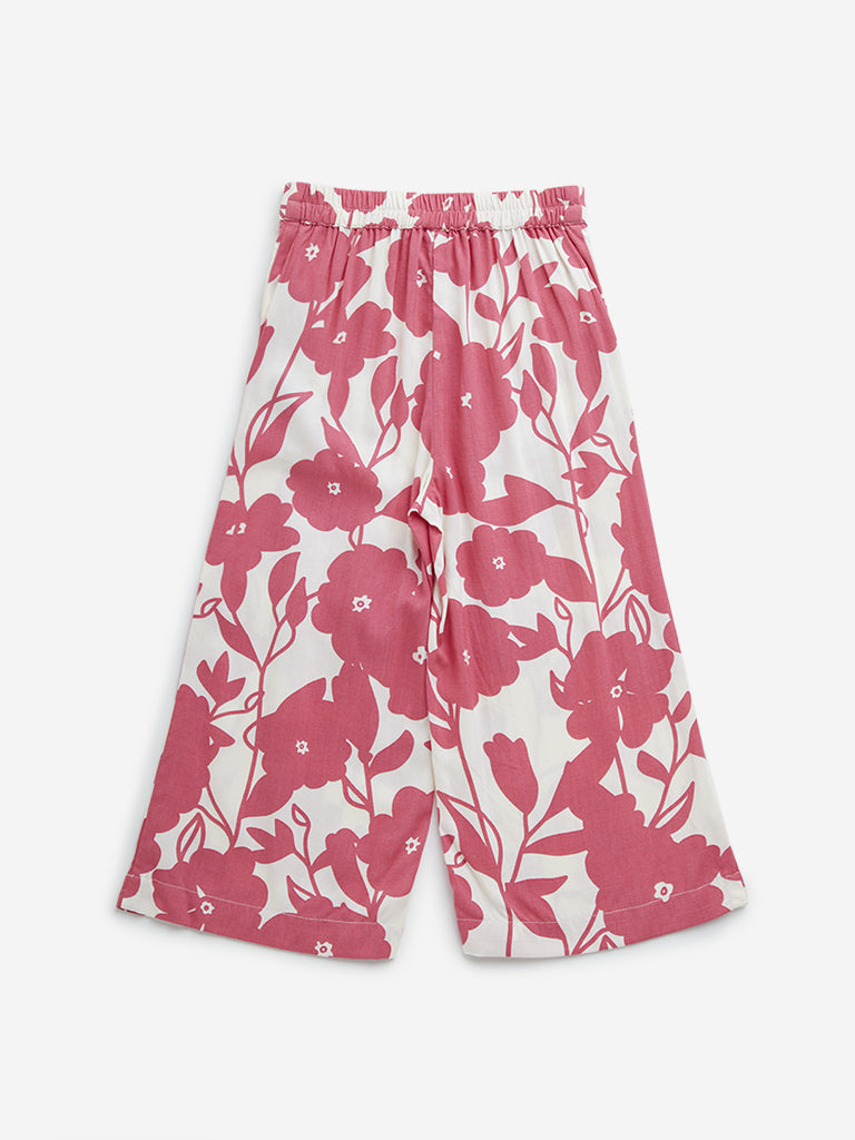 Utsa Kids Pink Floral Print High-Rise Palazzos - (2 -8yrs)