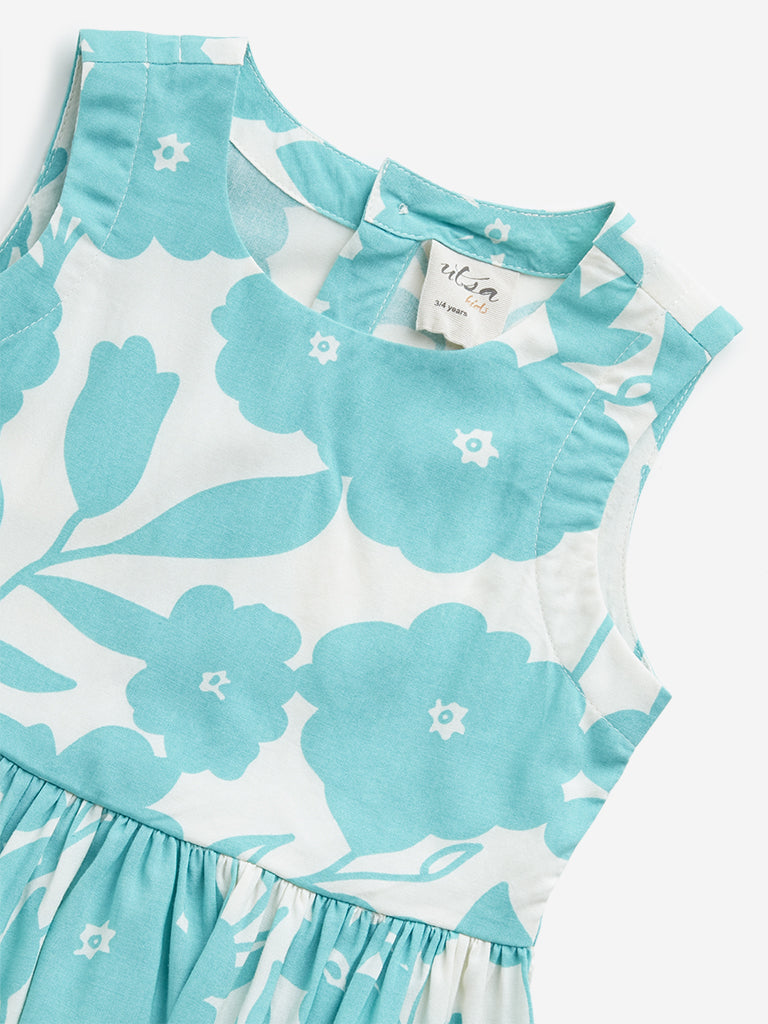 Utsa Kids Aqua Floral Print Peplum Top - (2 -8yrs)