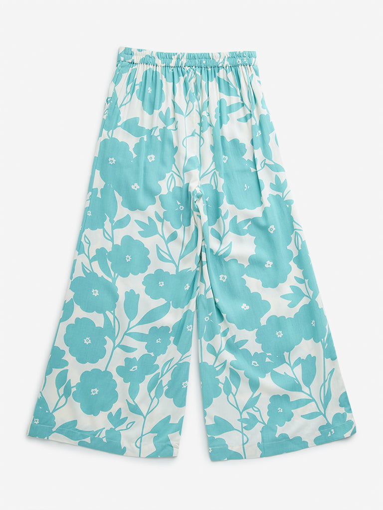 Utsa Kids Aqua Floral Print High-Rise Cotton Palazzos - (8 -14yrs)