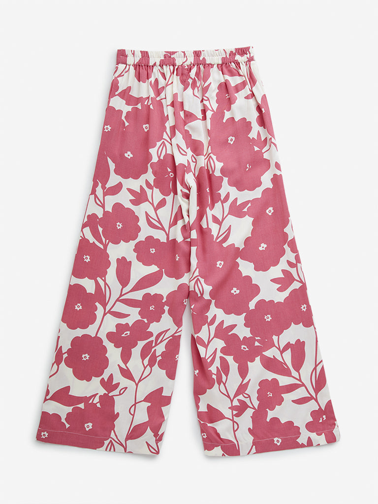 Utsa Kids Pink Floral Print High-Rise Palazzos - (8 -14yrs)