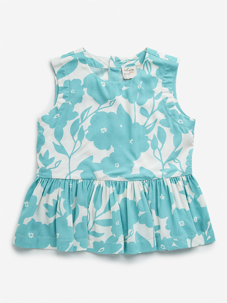 Utsa Kids Aqua Floral Print Peplum Top - (8 -14yrs)