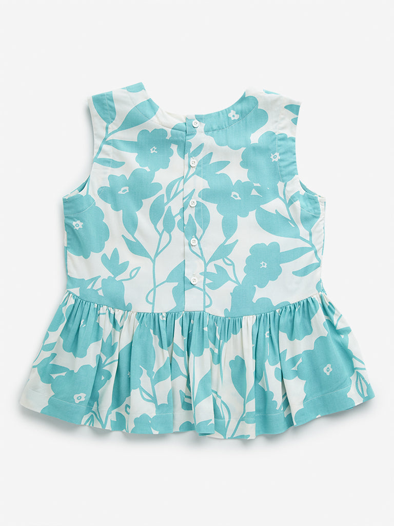 Utsa Kids Aqua Floral Print Peplum Top - (8 -14yrs)