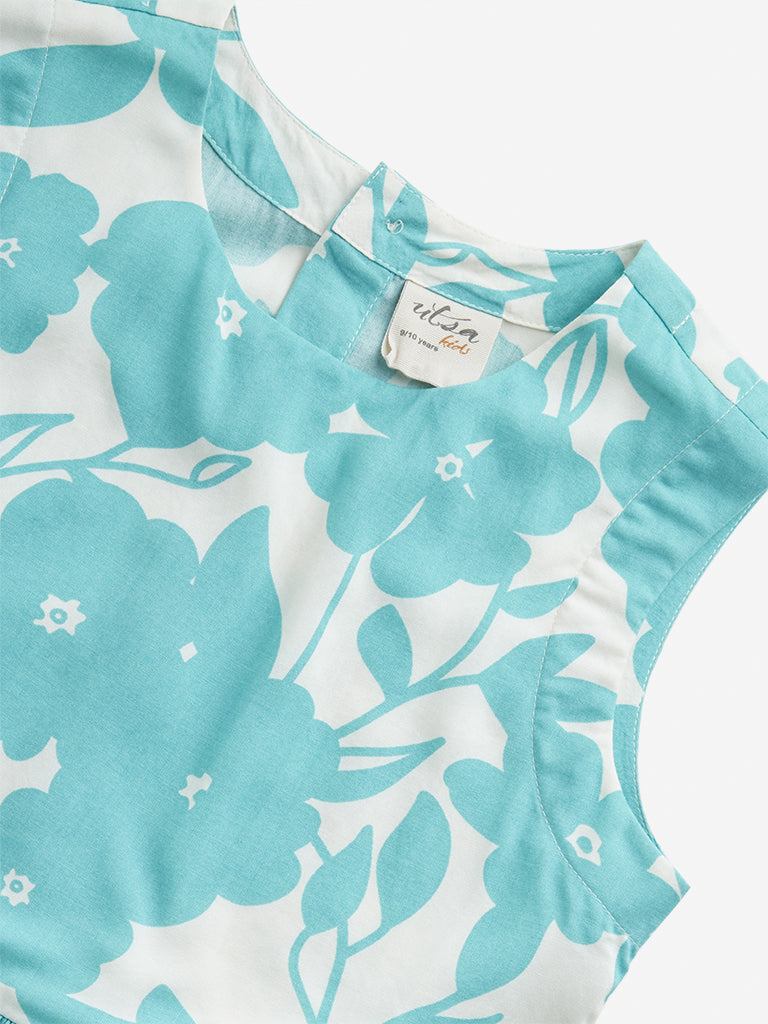 Utsa Kids Aqua Floral Print Peplum Top - (8 -14yrs)