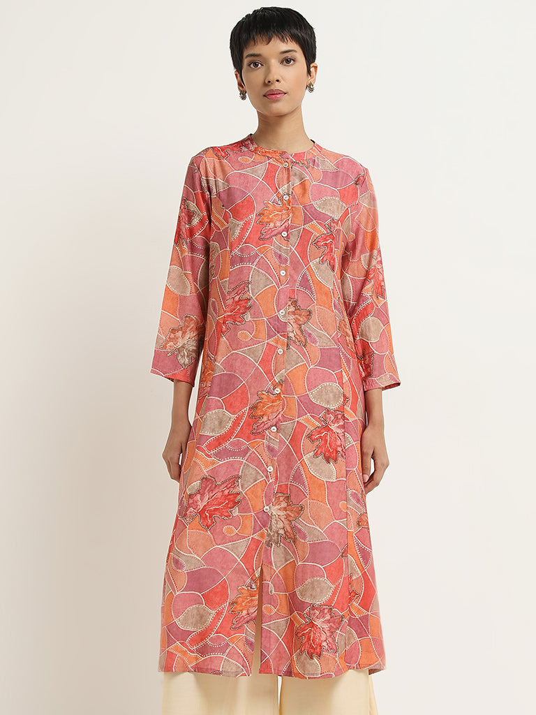 Utsa Coral Geometrical Design A-Line Kurta